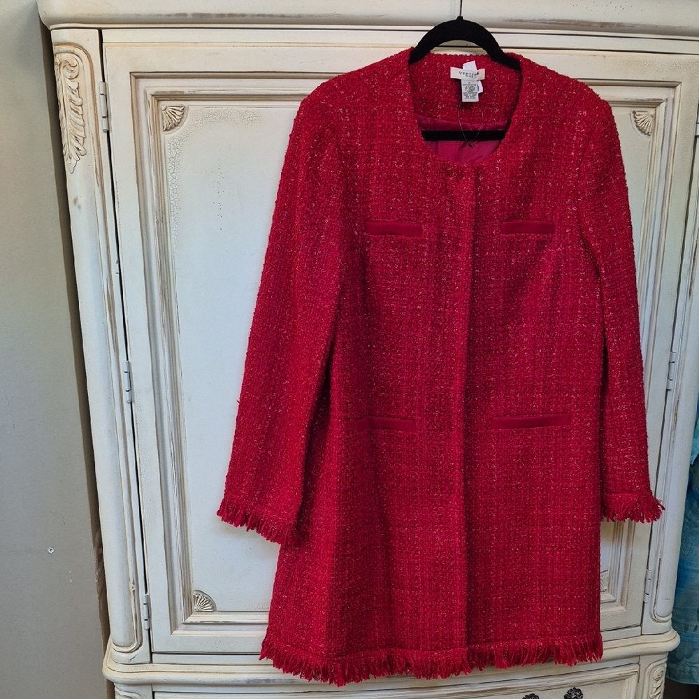 Vertigo - Red Metallic Tweed Fringe Boucle Coat